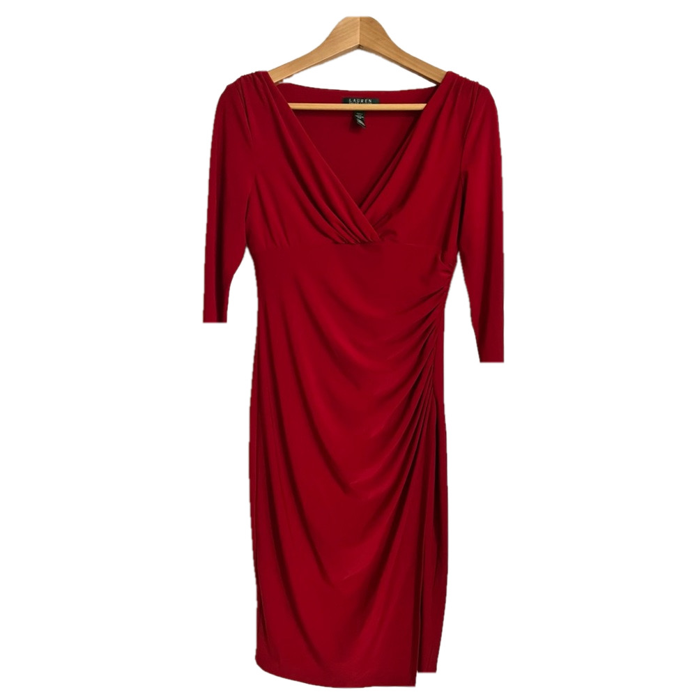 Lauren by Ralph Lauren figure-hugging red midi dress, three-quarter sleeves